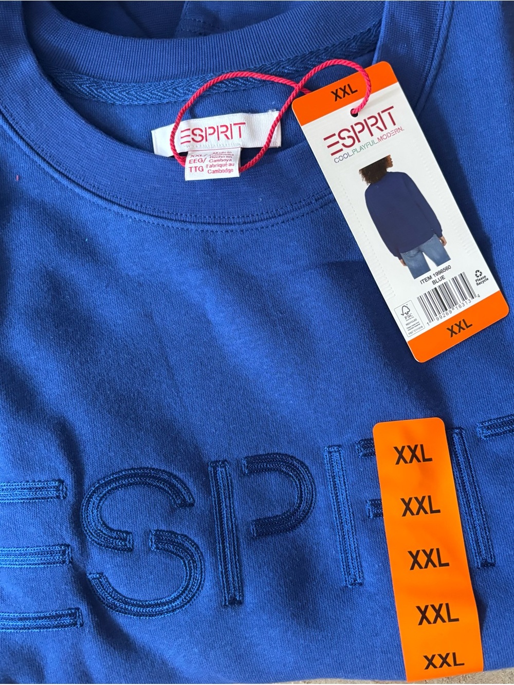 Lot of 2 NWT Esprit Logo Fleece Crewneck Sweatshirts Blue and Green 80's XXL 2X